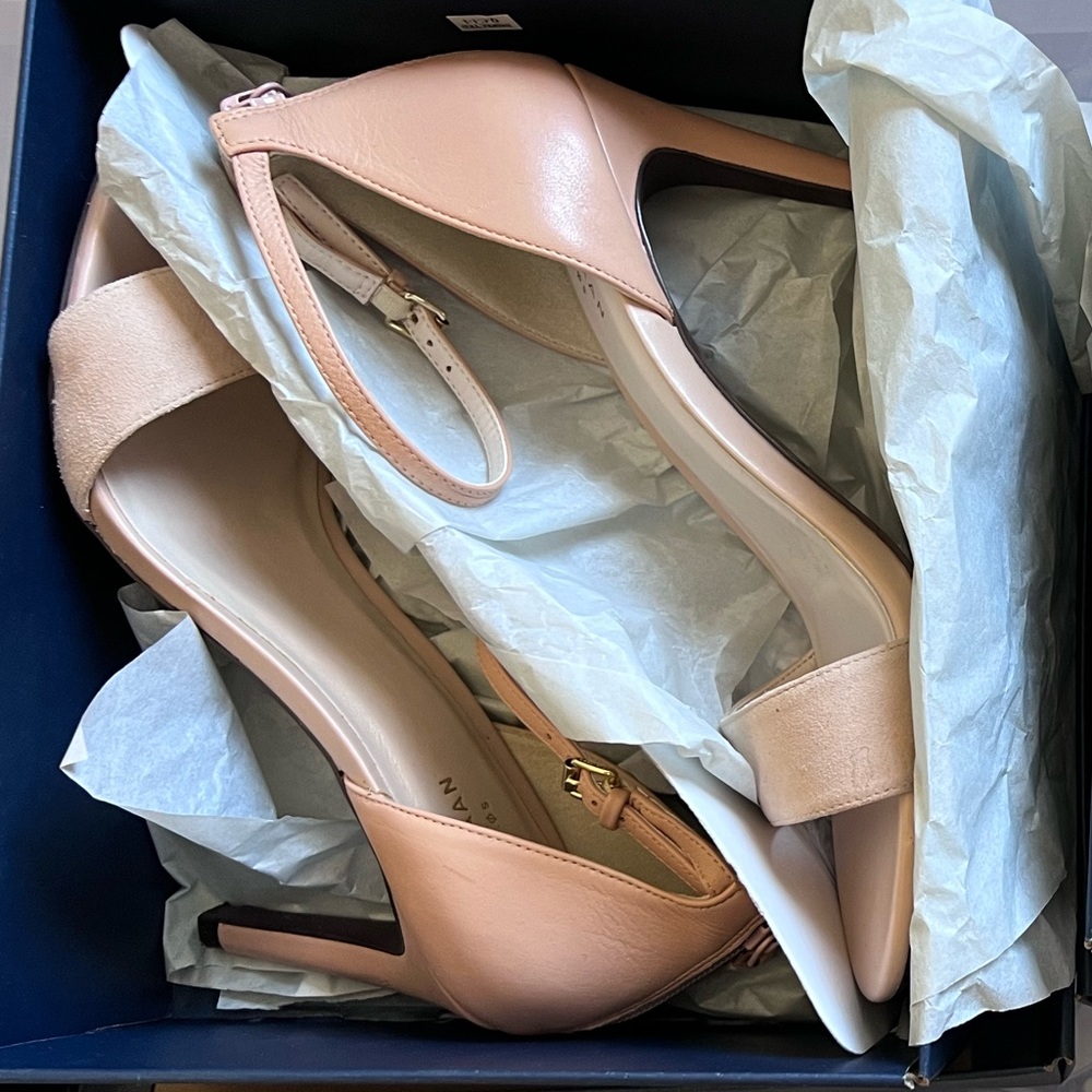 Cole Haan Hellen 3.5” Nude suede toe strap leather strappy heels